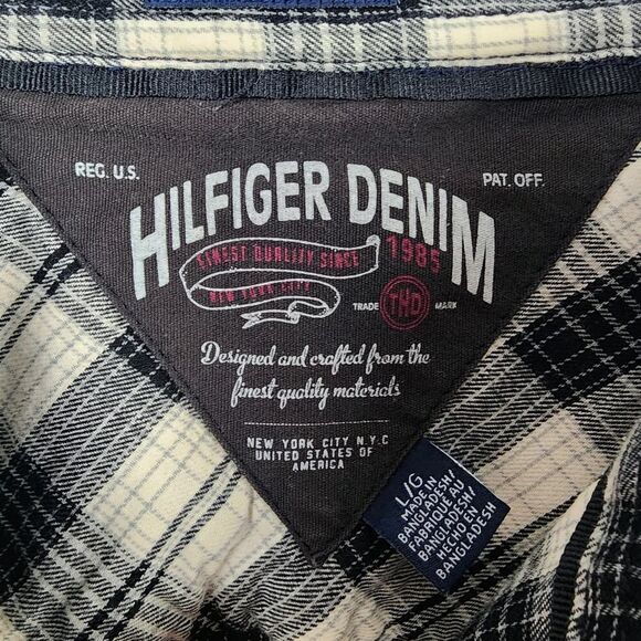 Hilfiger Denim Plaid Button Down Shirt Black White Size Large - Picture 3 of 11